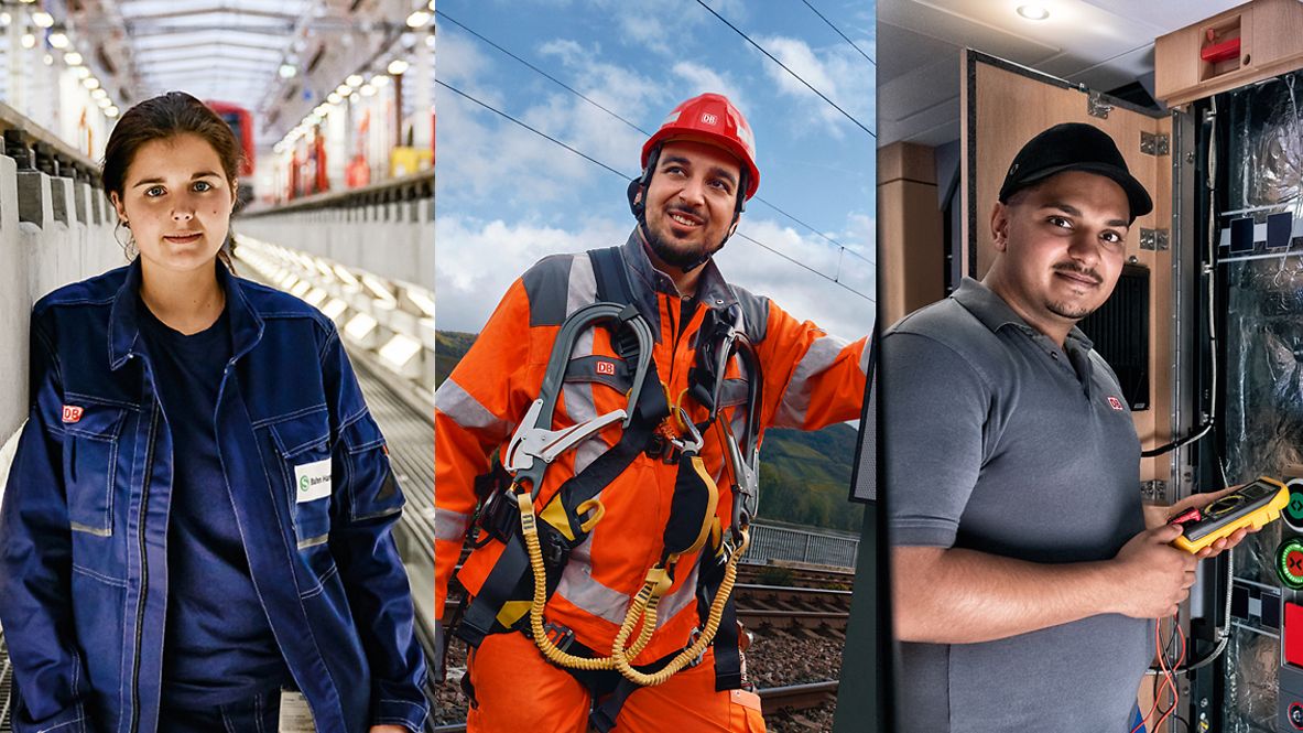 Ein Gleisbauer, eine Elektronikerin, ein Signalmechaniker, ein Elektroniker und ein Instandhaltungsmeister