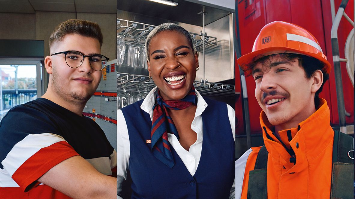 Eine Busfahrerin, ein Azubi zum Zugverkehrssteuerer, eine Bordrestaurantleiterin, ein Lokrangierführer und eine Lokführerin