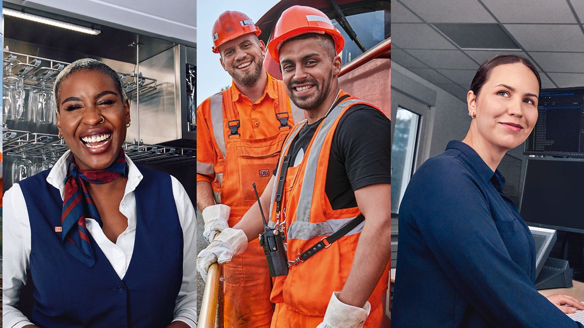 Signalmechaniker, Bordrestaurantleiterin, zwei Lokrangierführer, Fahrdienstleiterin und ein Auszubildender zum Lokführer