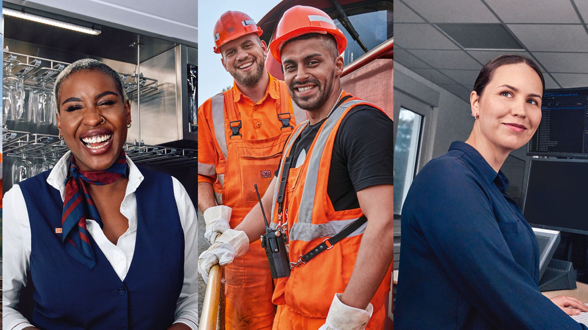 Signalmechaniker, Bordrestaurantleiterin, zwei Lokrangierführer, Fahrdienstleiterin und ein Auszubildender zum Lokführer