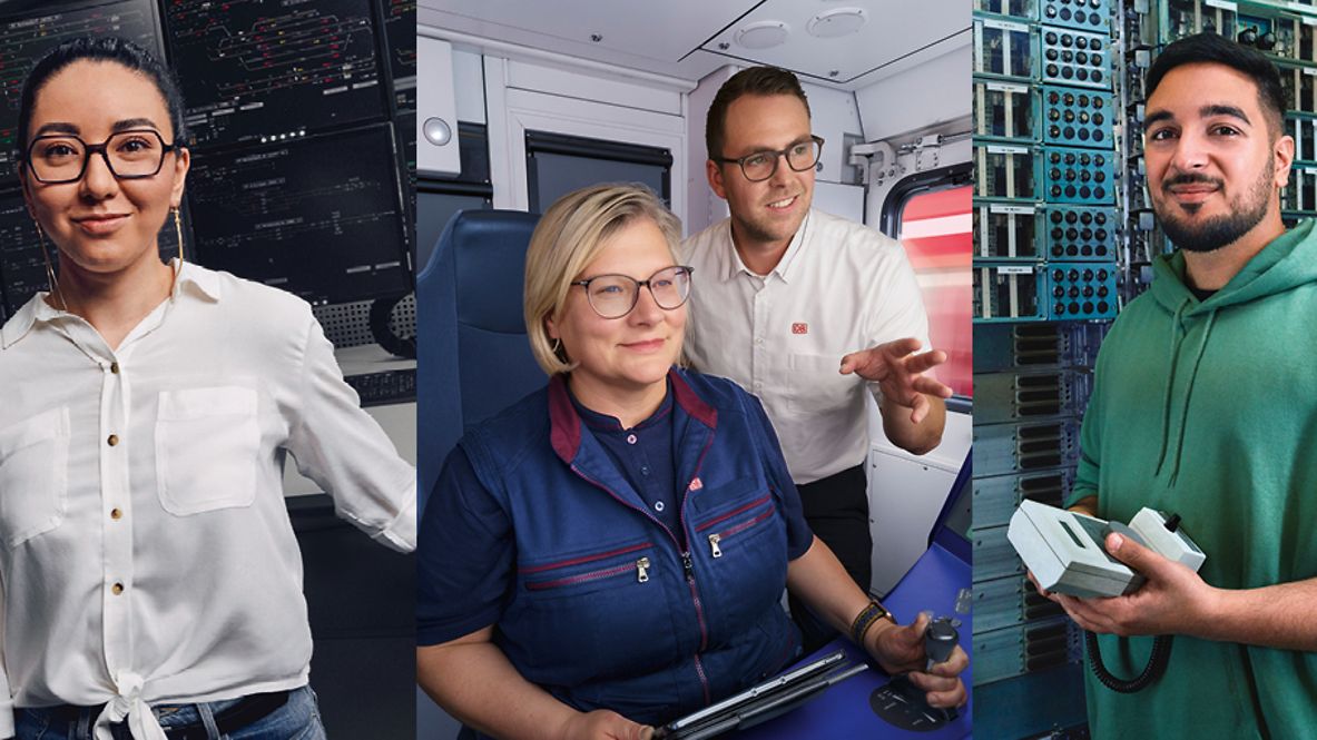 Eine Zugverkehrssteuerin, mehrere Lokführer, ein Signalmechaniker und eine Kundenbetreuerin im Nahverkehr