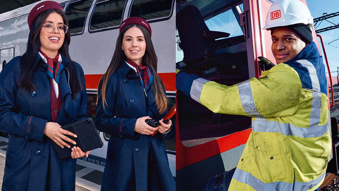 Auszubildende Gleisbauerin, Auszubildende Kauffrau für Verkehrsservice, ein Lokführer und Auszubildender Zugverkerkehrssteuerer
