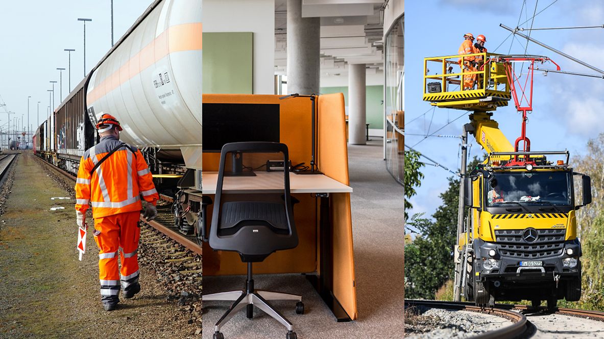 Ein Rangierbegleiter, ein Büro, Oberleitungen, eine DB Premium Lounge, DB Reisezentrum 