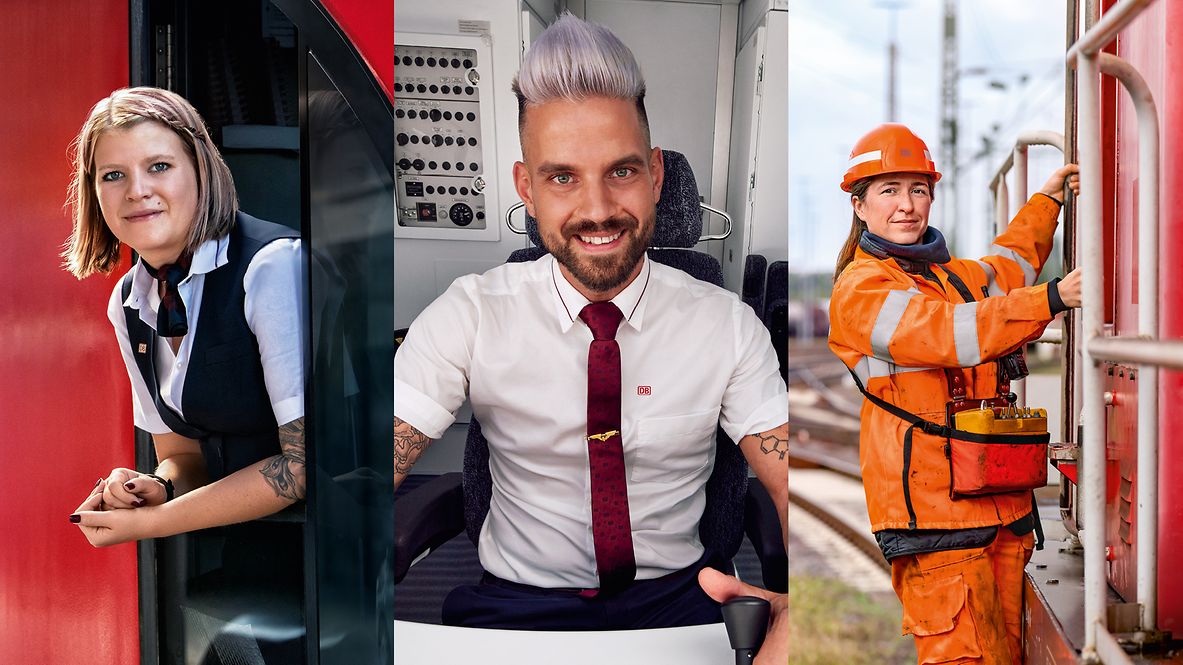 Eine Lokführerin schaut aus dem Zug, ein Lokführer und eine Lokrangierführerin