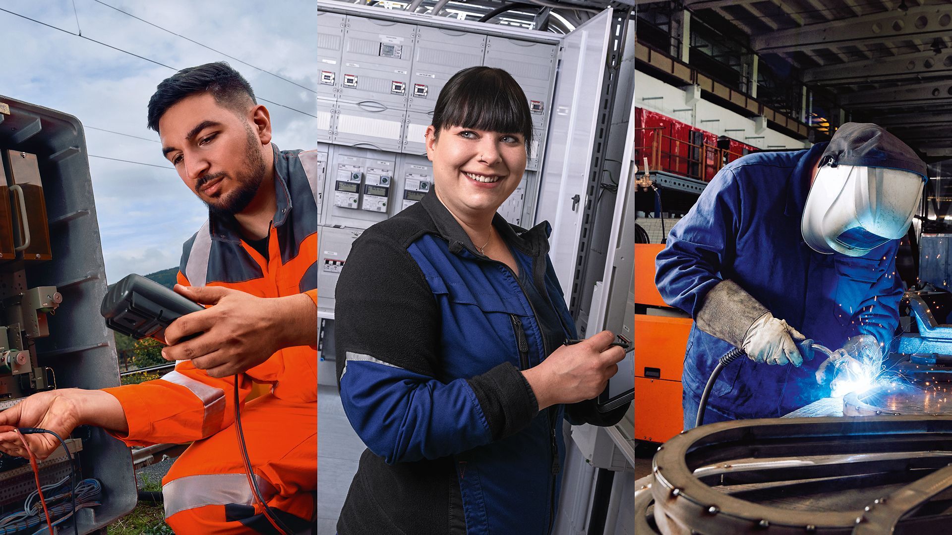 Ein Signalmechaniker, eine Servicetechnikerin und ein Industriemechaniker mit Schweißmaske