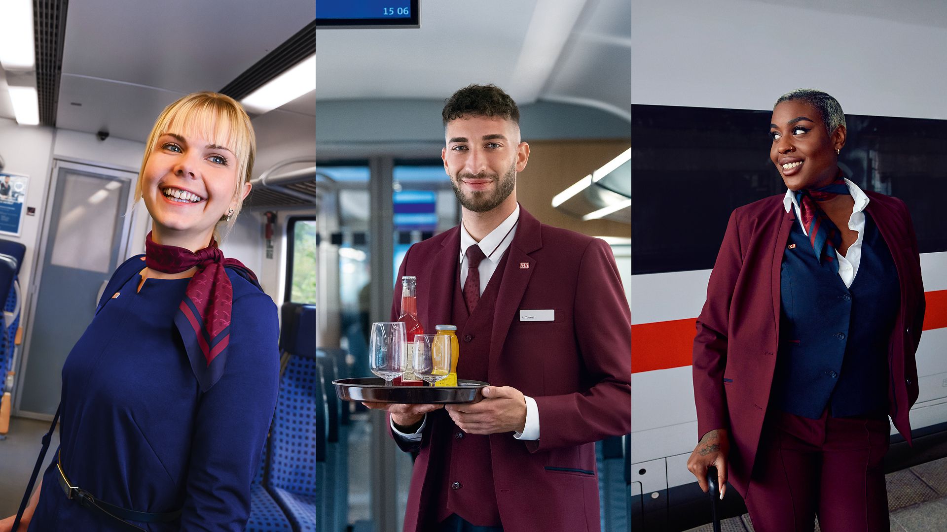 Eine Kundenbetreuerin im Nahverkehr, ein Steward und eine Bordrestaurantleiterin 