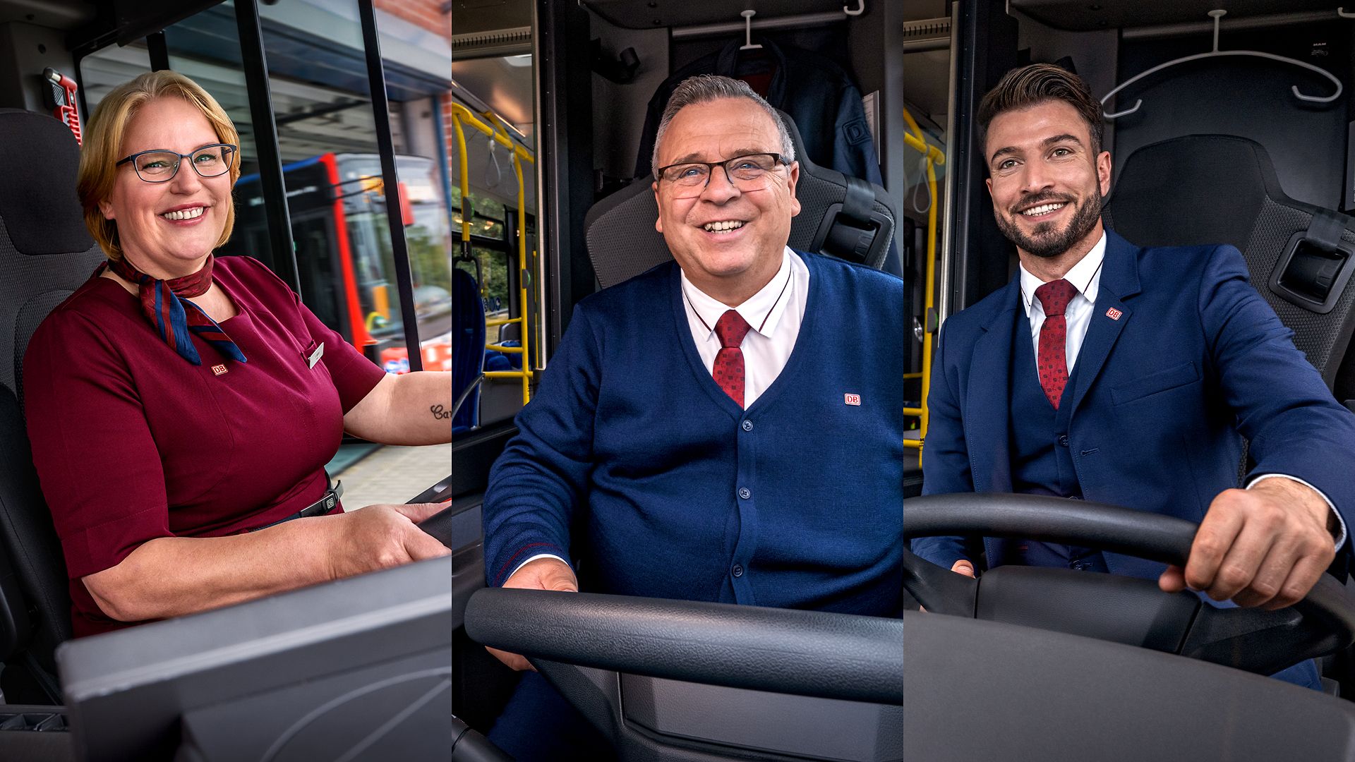 Drei Busfahrer:innen sitzen in unterschiedlichen Perspektiven am Steuer ihrer Busse