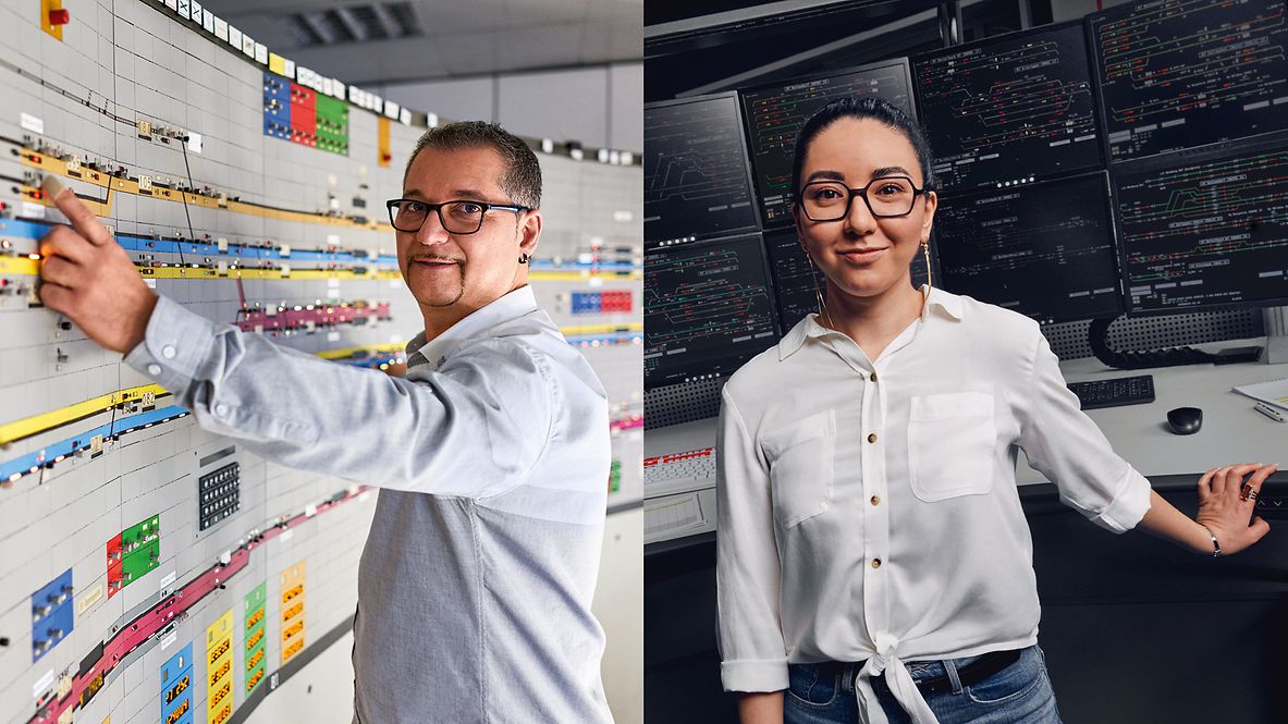 Zwei Zugverkehrssteuerer (w/m/d) zeigen ihren Arbeitsplatz