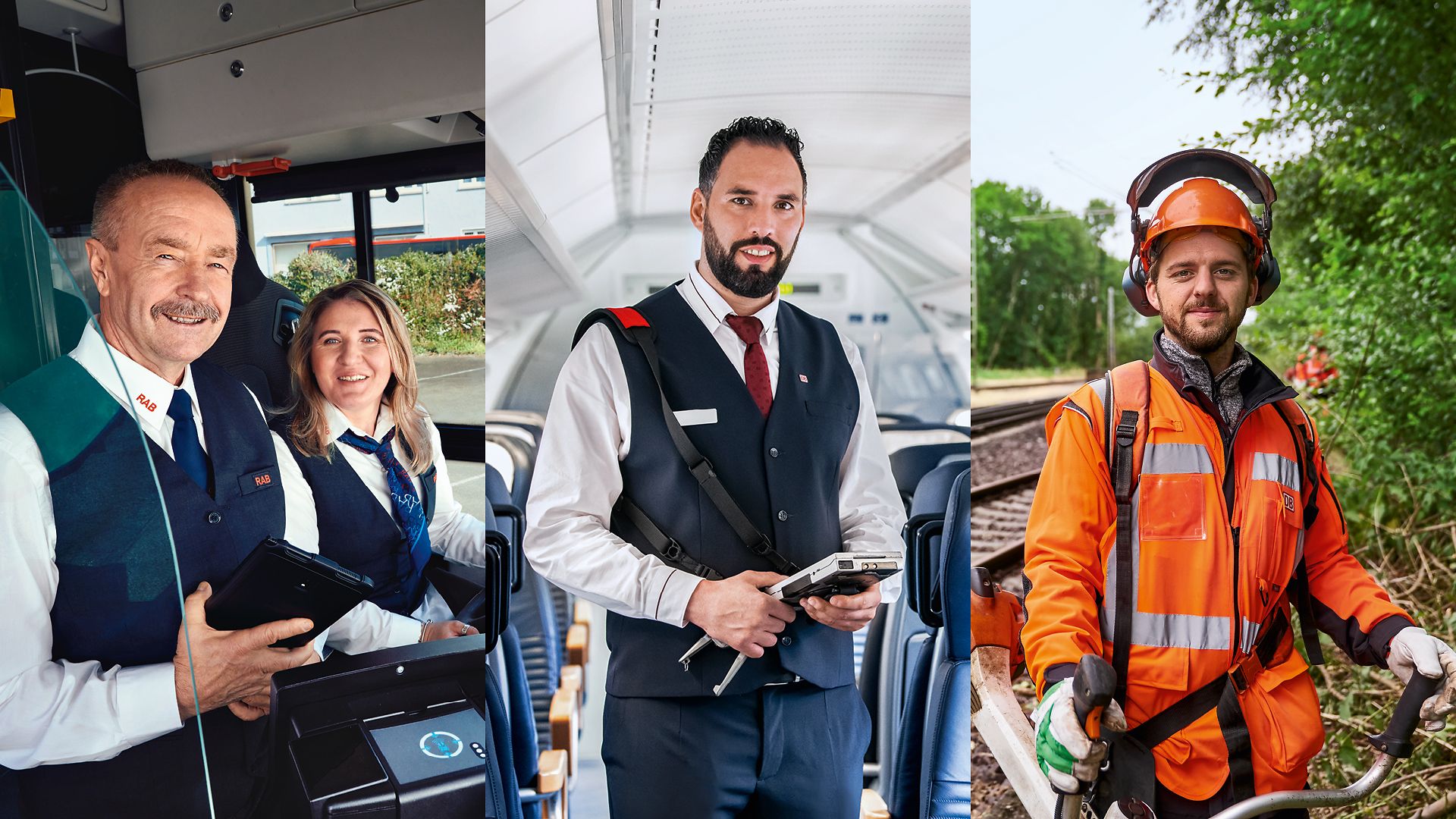 Ein Busfahrer-Team, ein Zugbegleiter und ein Vegetationspfleger