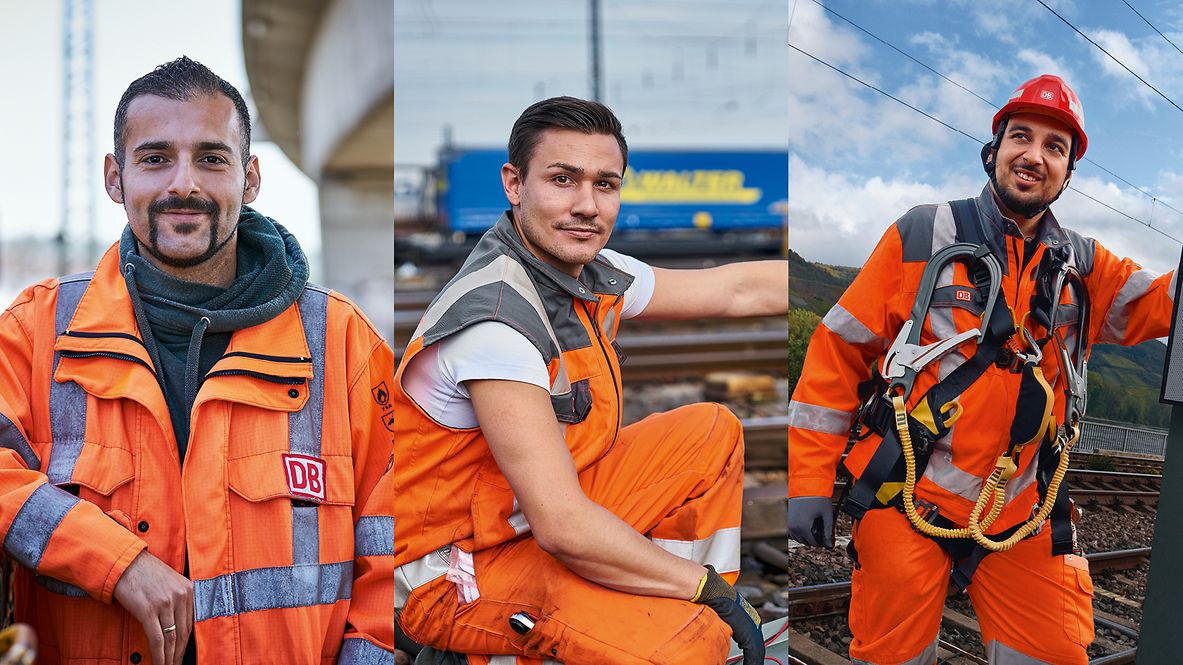 Mitarbeitende der Deutschen Bahn im Bereich Bahnbetrieb und Infrastruktur bei Arbeiten an Gleisen und Oberleitungsanlagen.