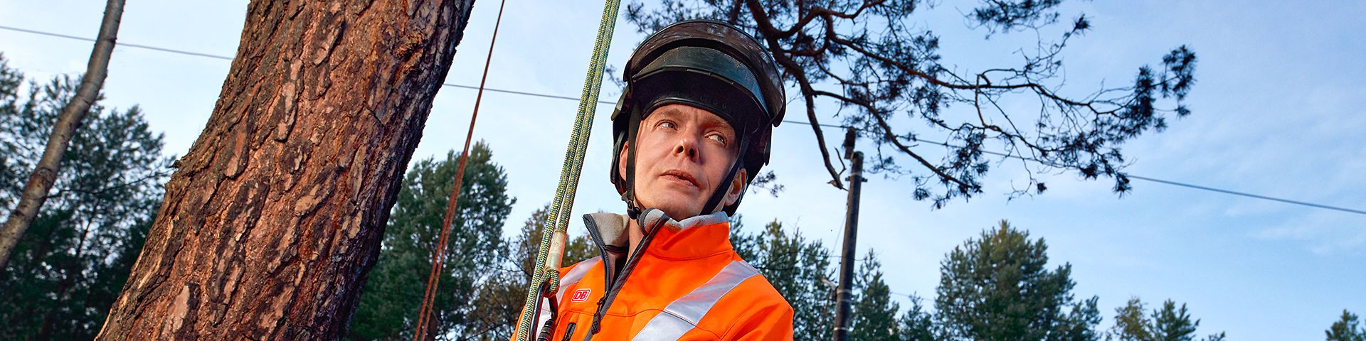 Eine Fahrwegpflegerin in Warnkleidung und mit Schutzhelm steht an der Strecke neben einem Baum